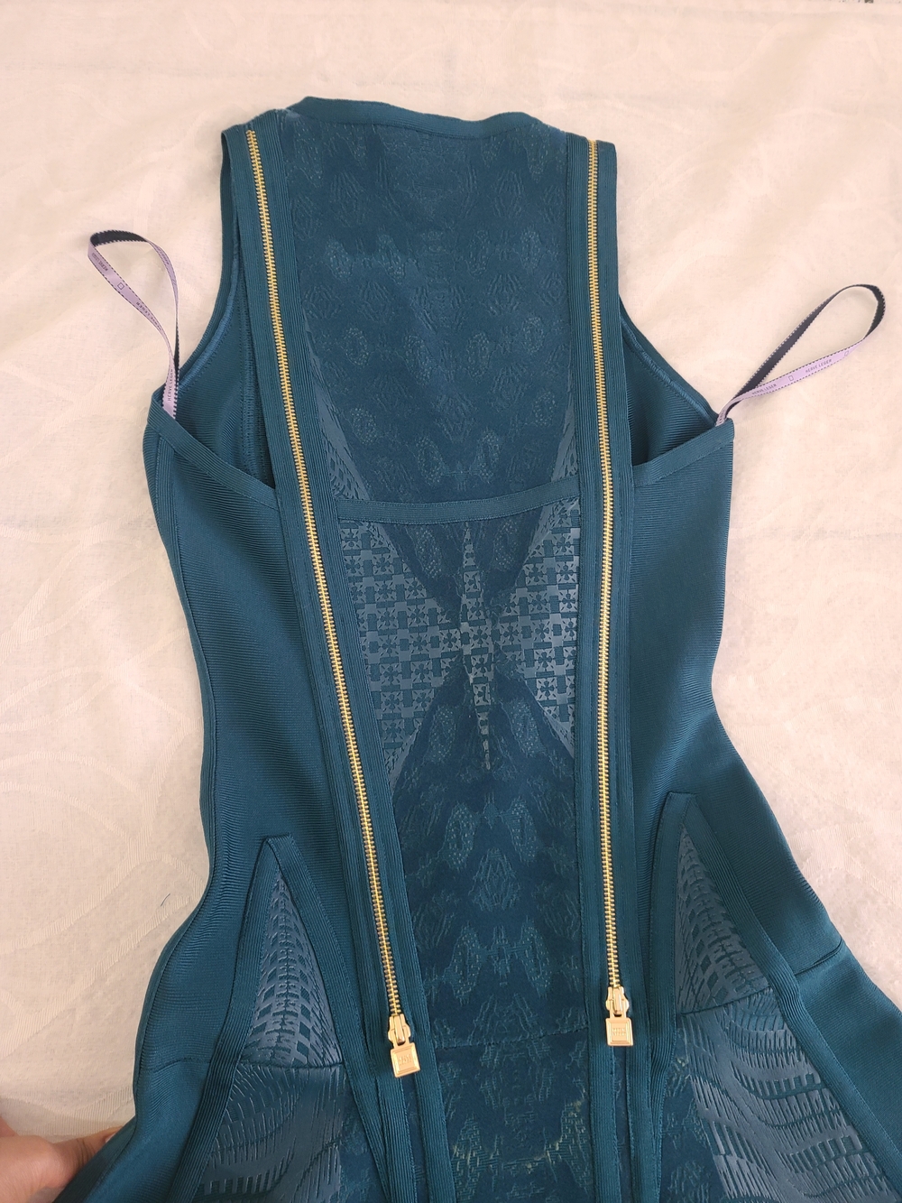 Herve Leger Teal Asymmetrical Zip Fit-and-Flare Midi Dress - Picture 8 of 13